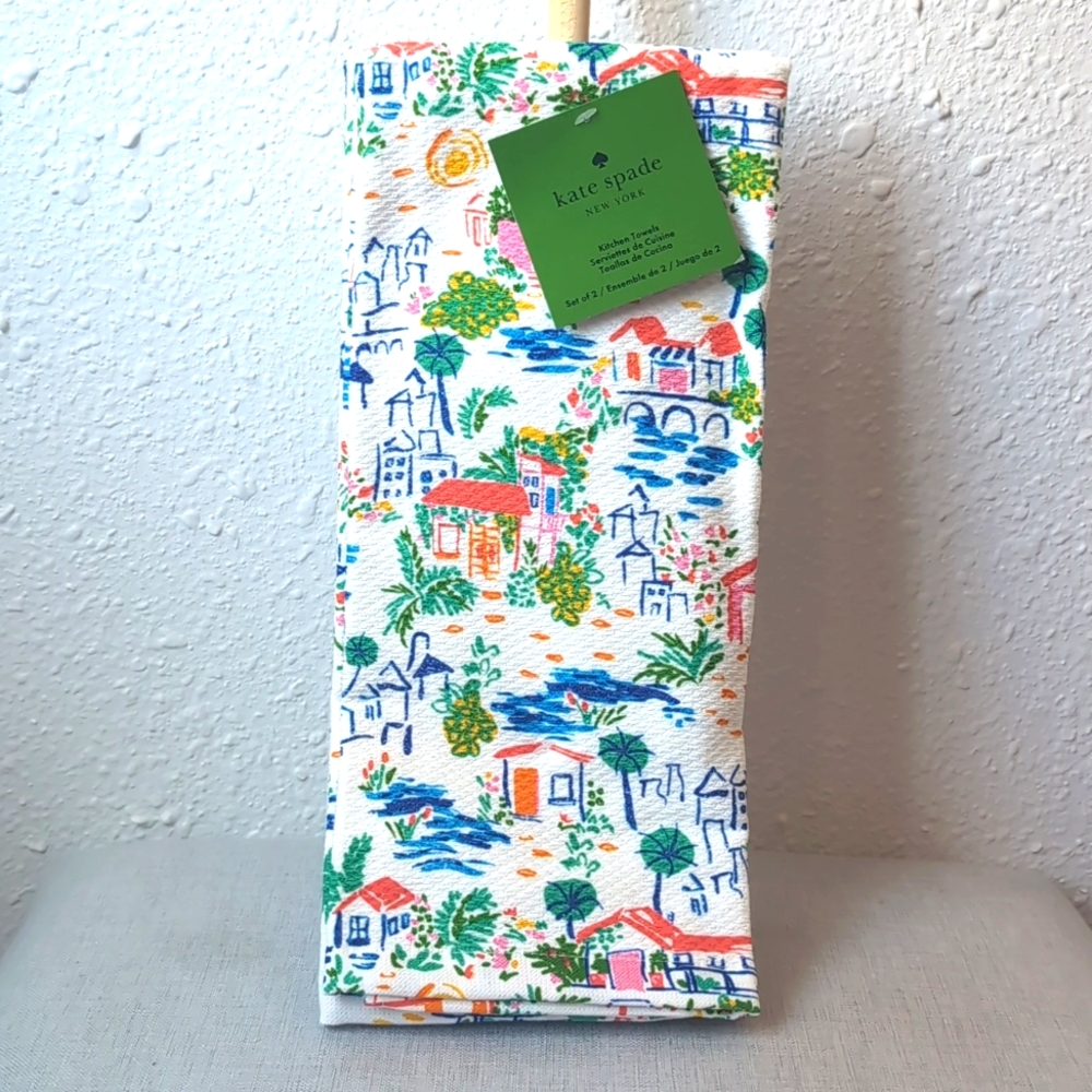 NWT Kate Spade Buildings and Floral Pattern 100% Cotton Kitchen Towel Set of 2